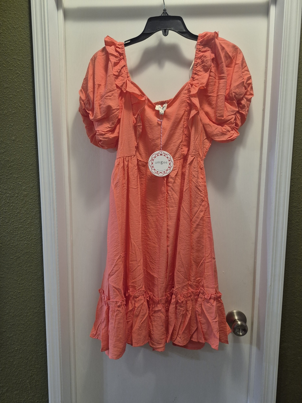 Umgee Coral Puff-Sleeve Ruffle Dress